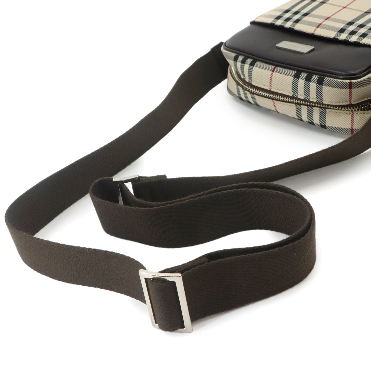 Plaid Shoulder Bag Canvas Leather Beige Brown Purse