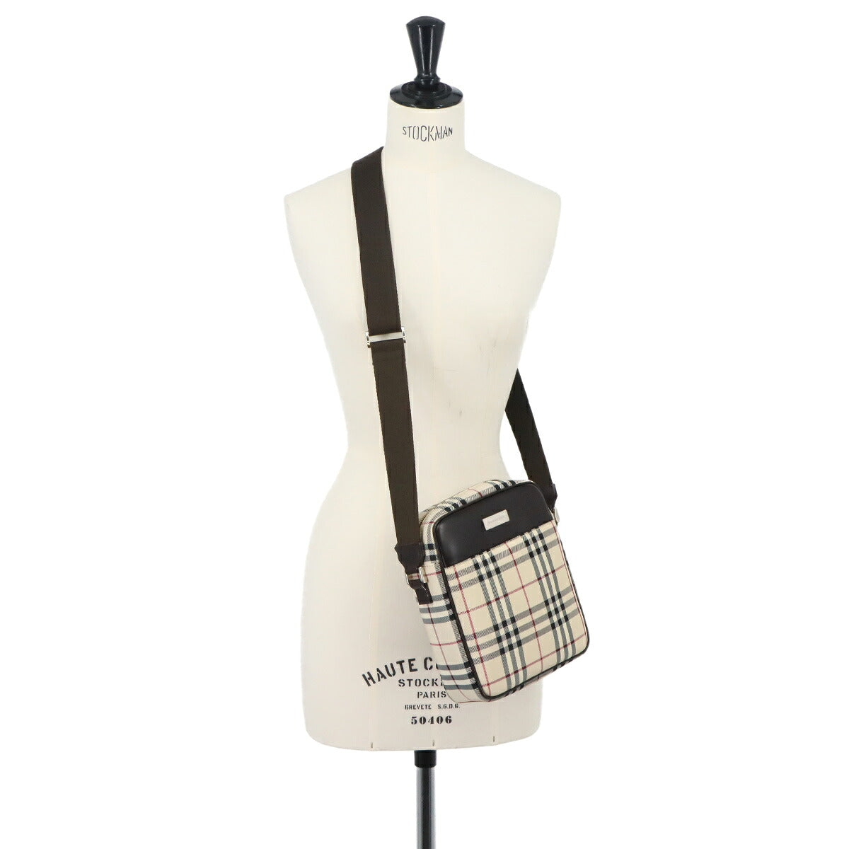 Plaid Shoulder Bag Canvas Leather Beige Brown Purse