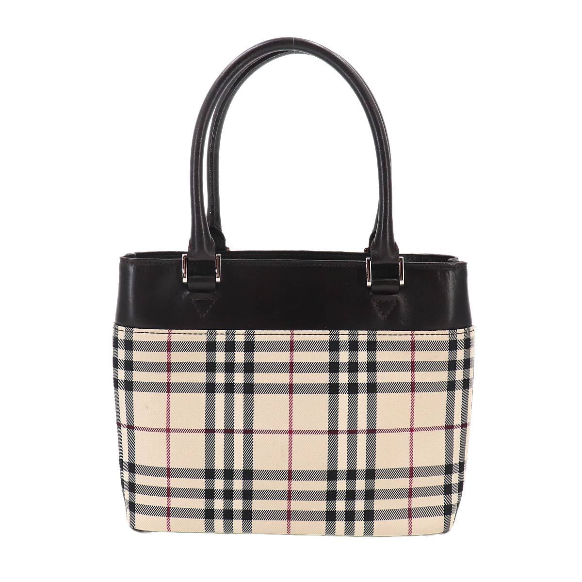Plaid Hand Bag Canvas Leather Beige Dark brown Purse