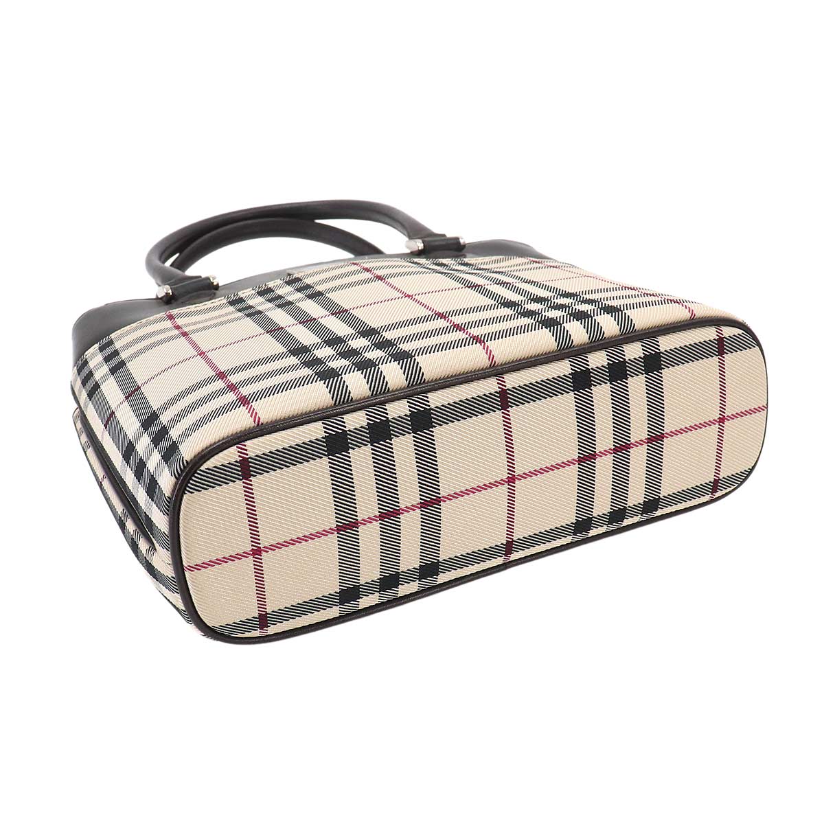 Plaid Hand Bag Canvas Leather Beige Dark brown Purse