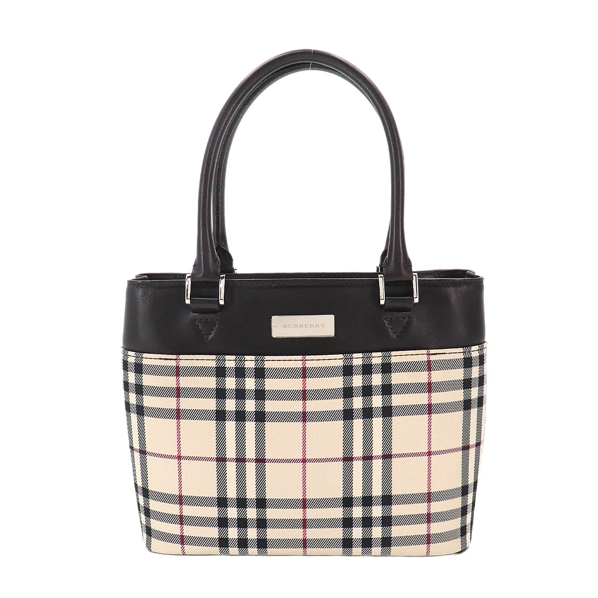 Plaid Hand Bag Canvas Leather Beige Dark brown Purse