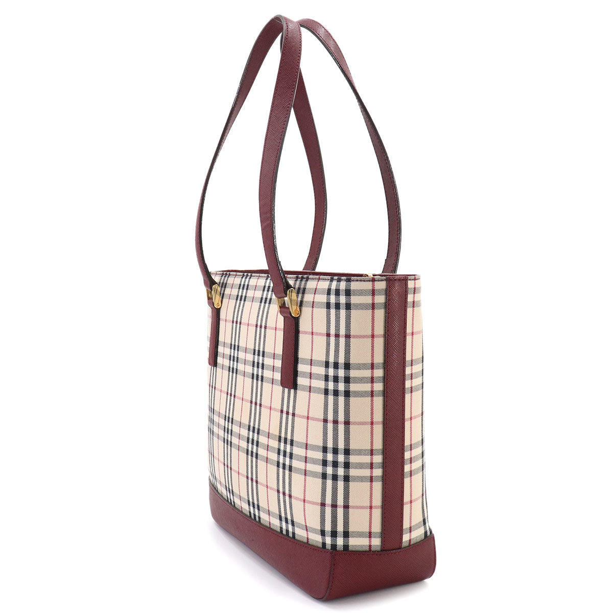 Plaid Hand Bag Canvas Leather Beige Bordeaux Purse