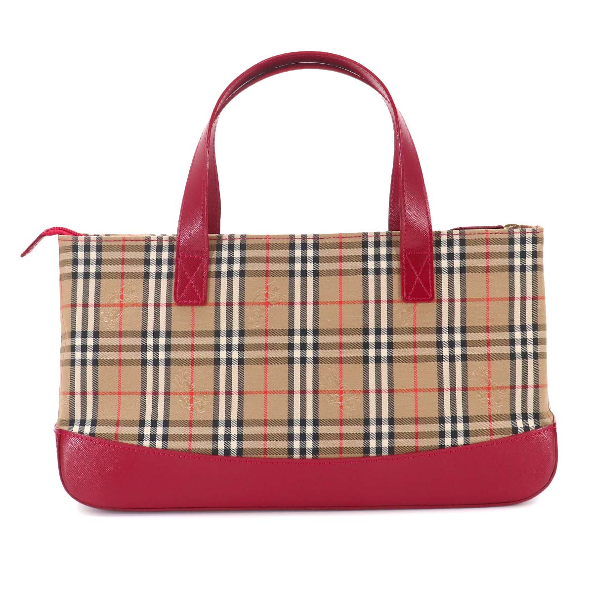 Plaid Hand Bag Canvas Leather Beige Red Purse
