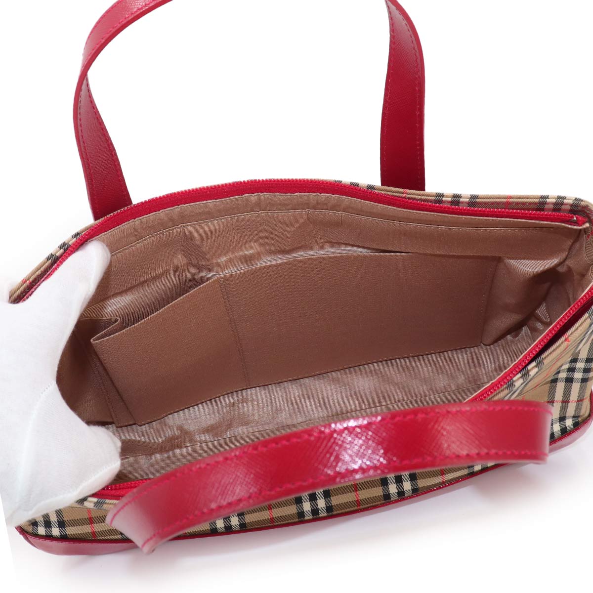 Plaid Hand Bag Canvas Leather Beige Red Purse
