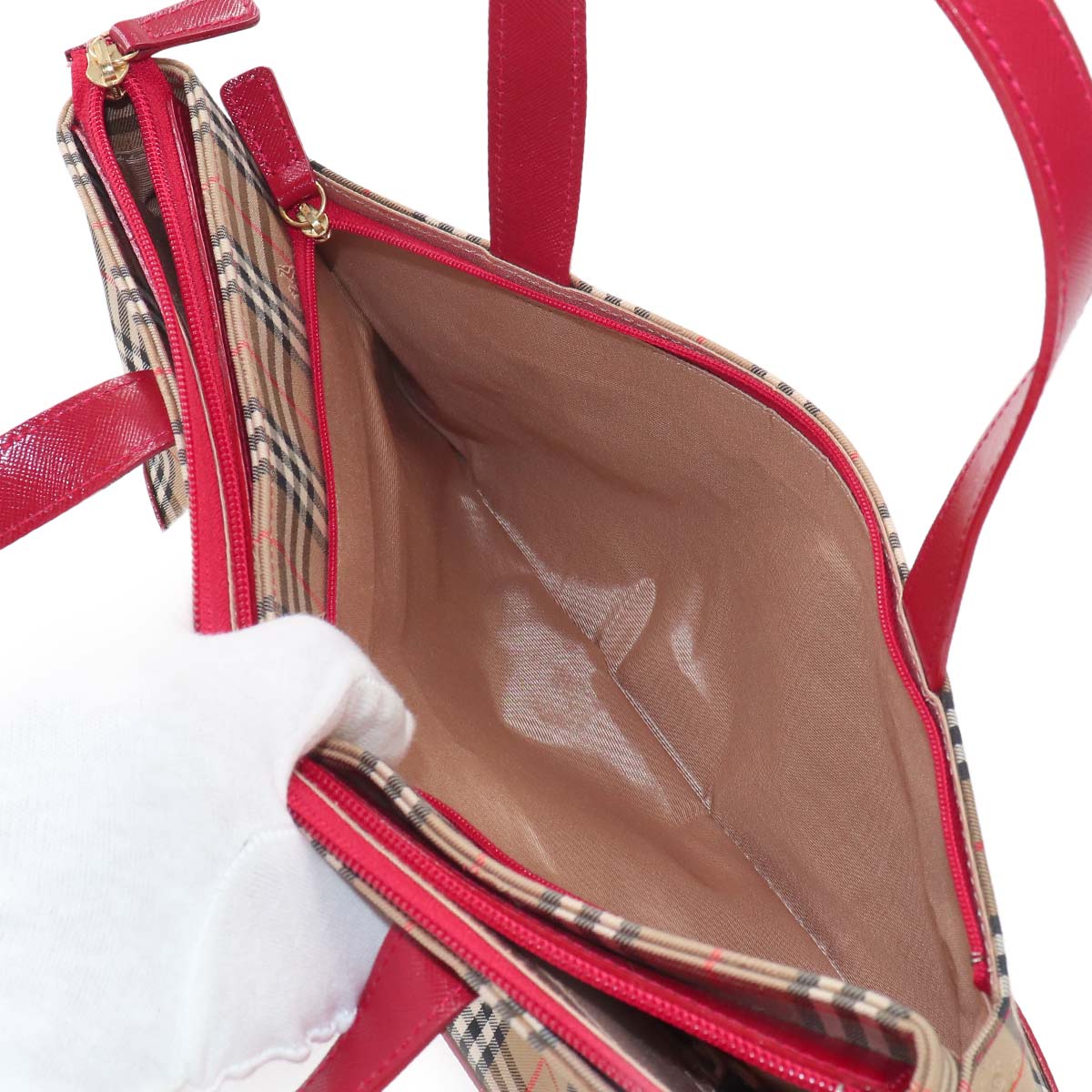 Plaid Hand Bag Canvas Leather Beige Red Purse