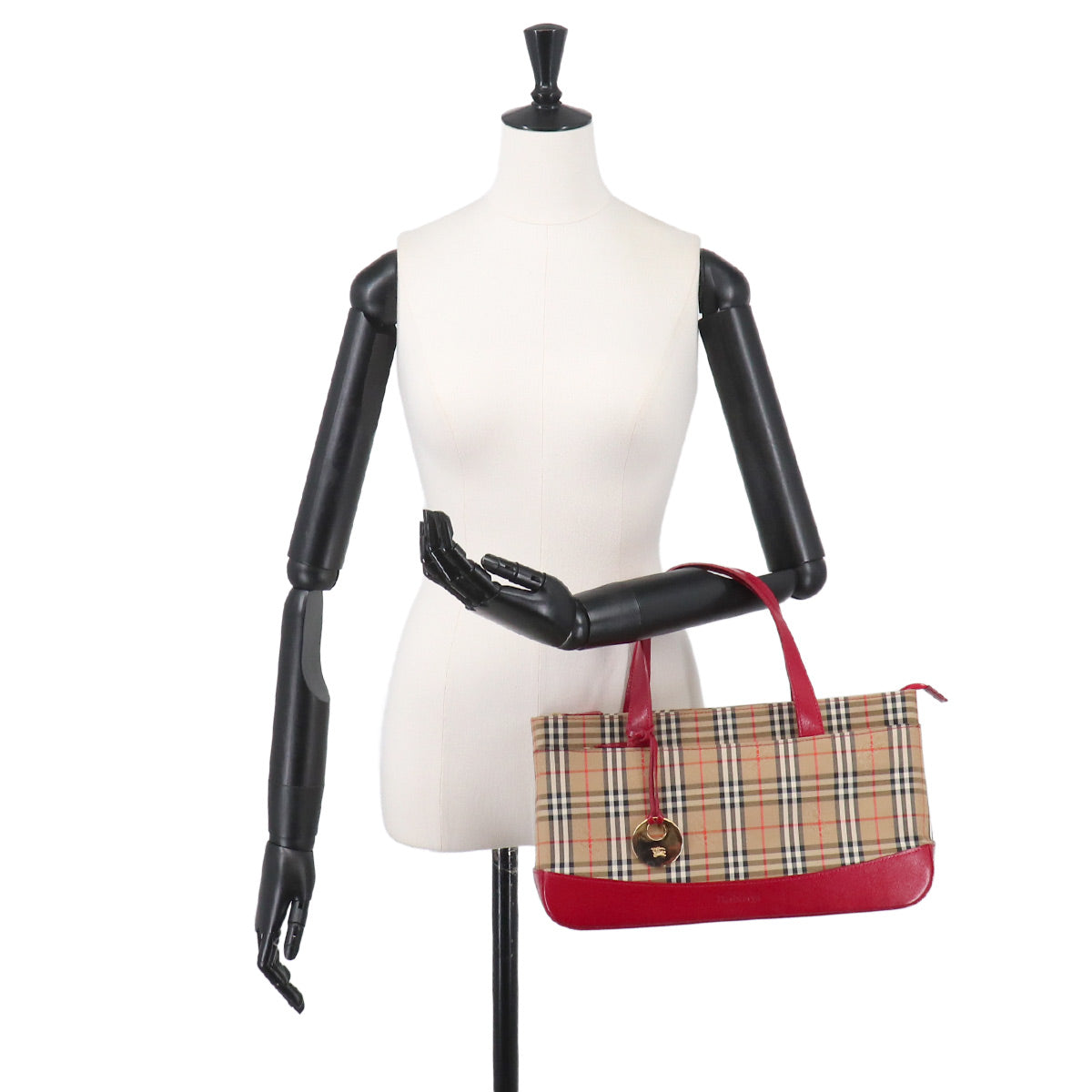 Plaid Hand Bag Canvas Leather Beige Red Purse