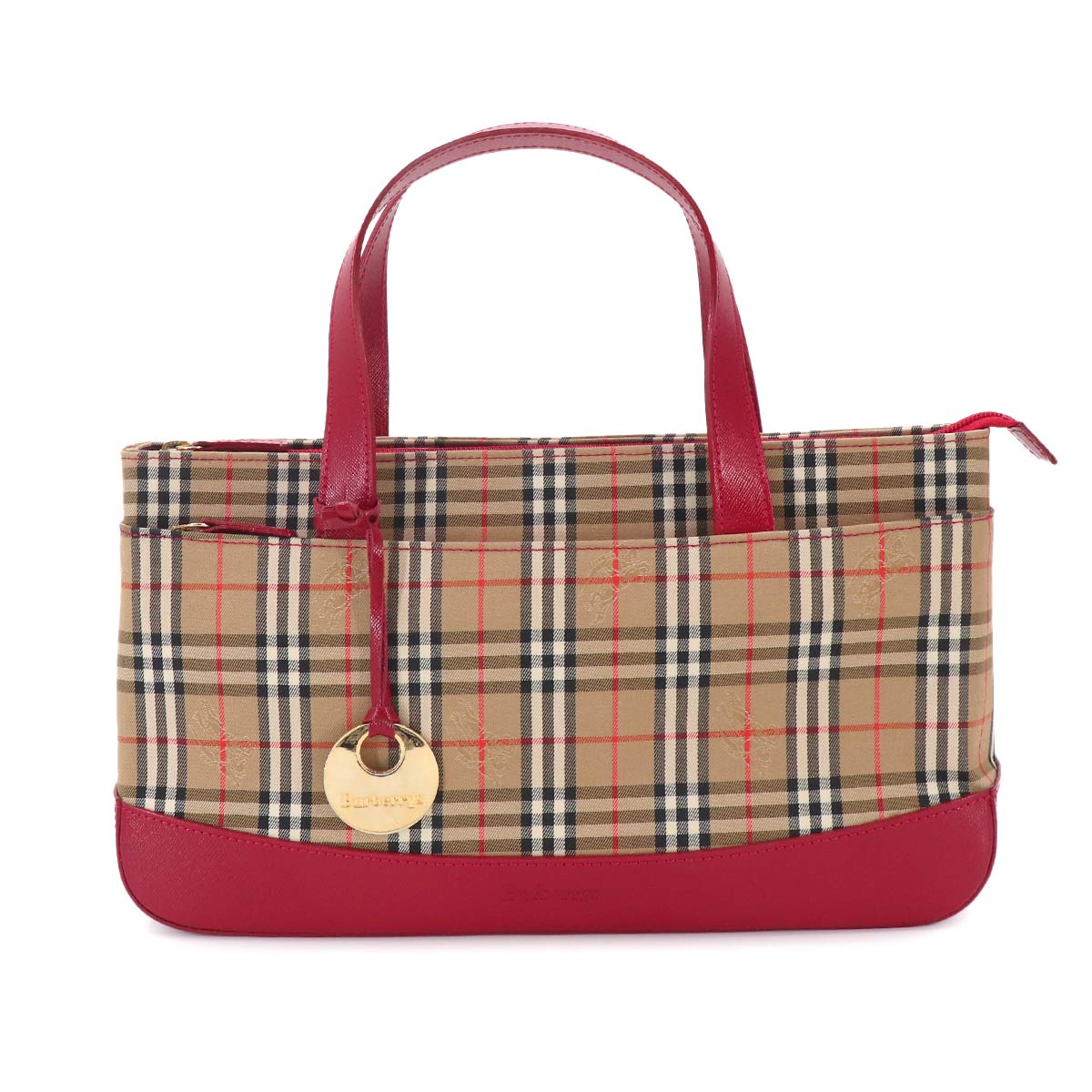 Plaid Hand Bag Canvas Leather Beige Red Purse