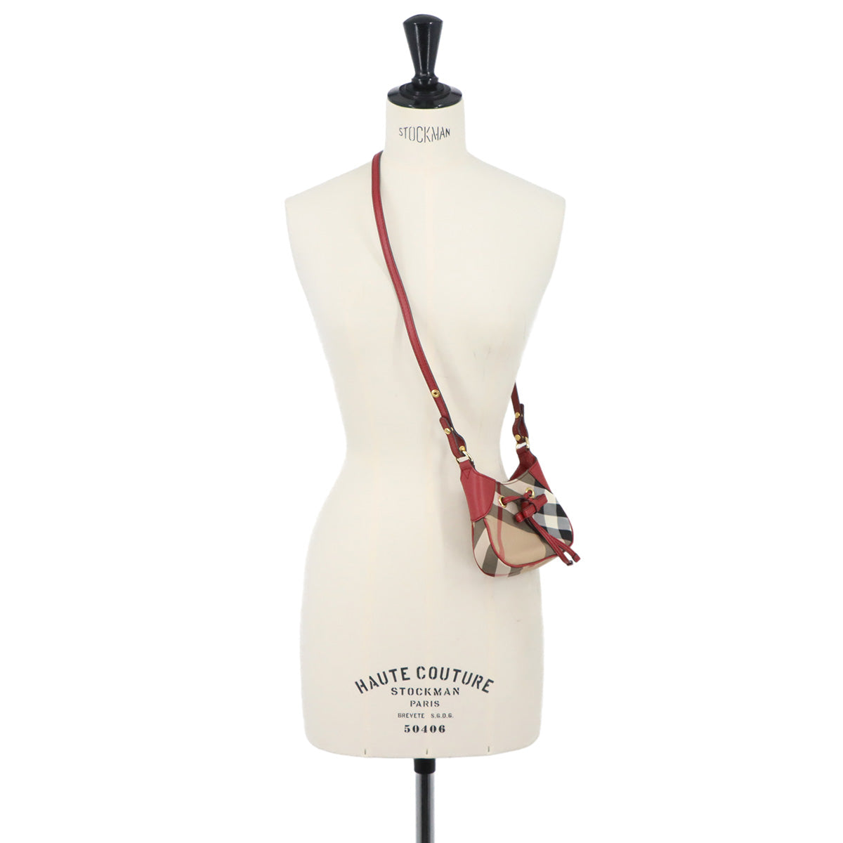 Shoulder Bag Canvas Leather Beige Red Plaid Purse