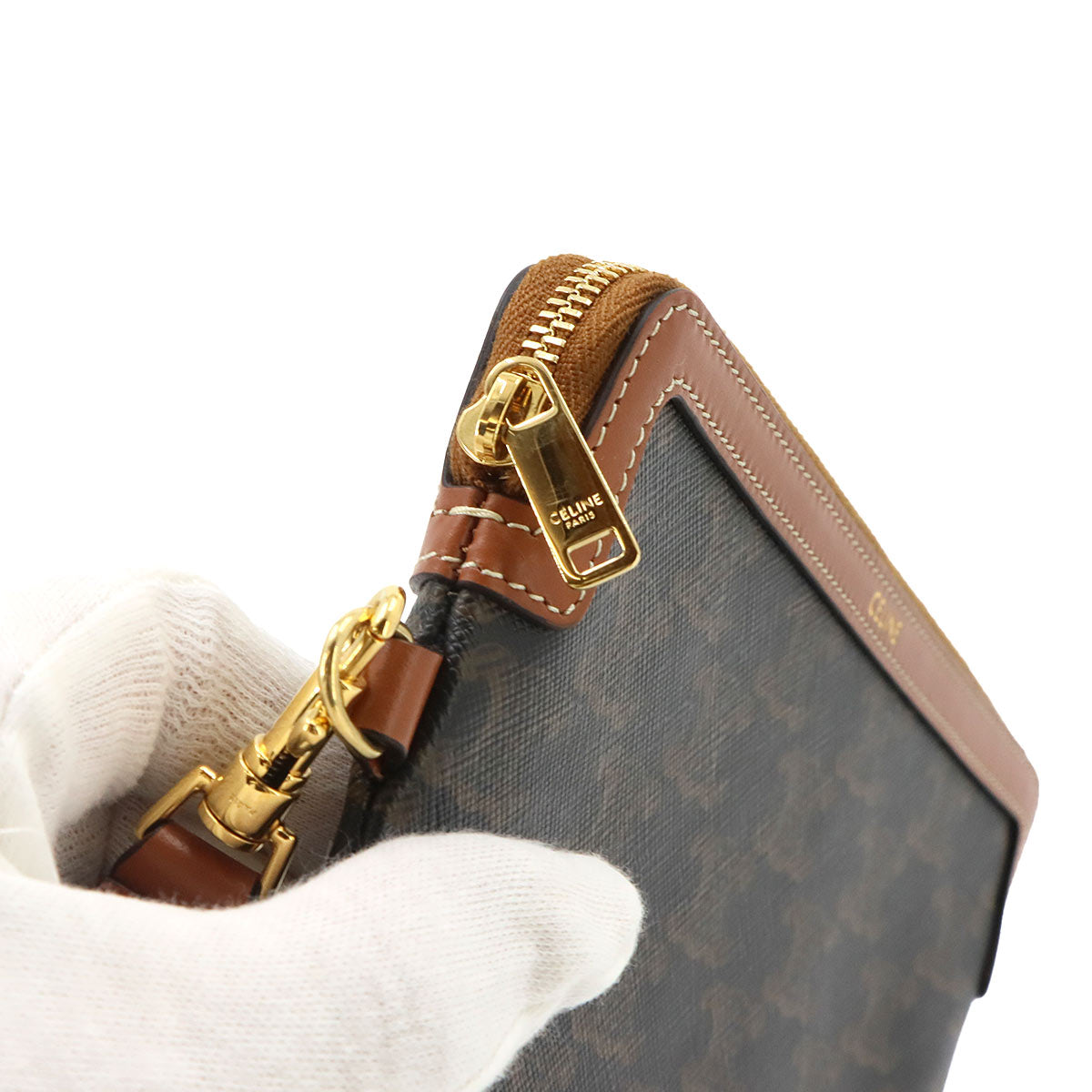Triomphe Long Pouch with Strap PVC Leather Black Tan Purse