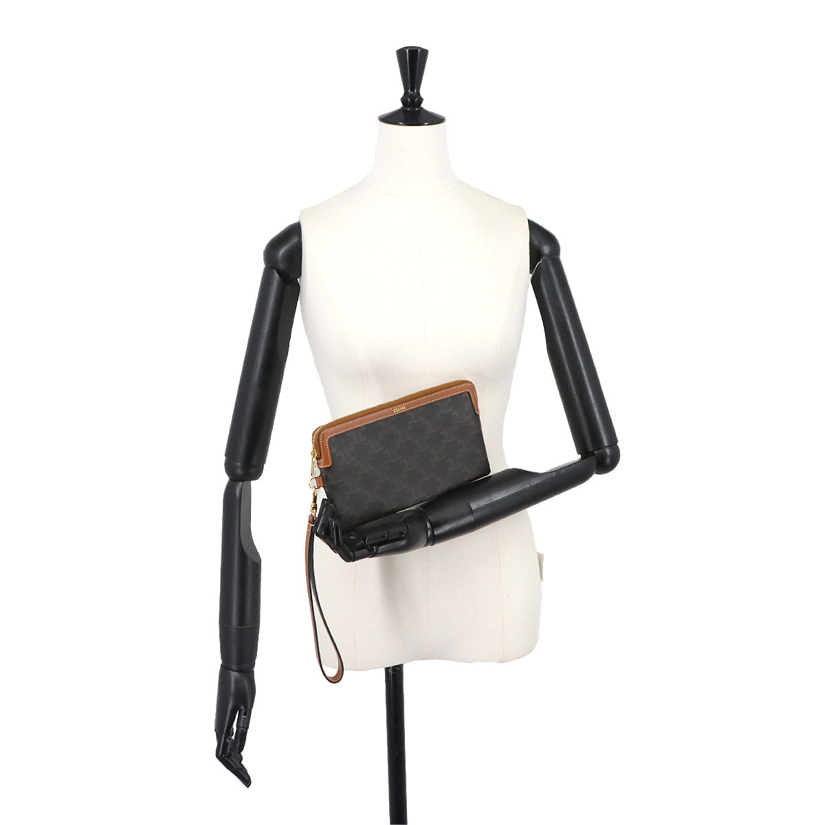 Triomphe Long Pouch with Strap PVC Leather Black Tan Purse