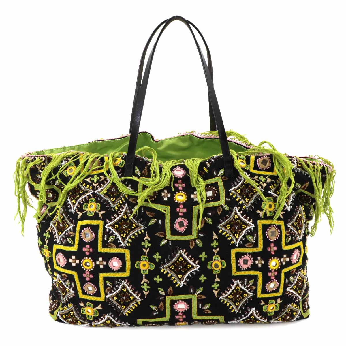 Beads Tote Bag Canvas Leather Multicolor Purse
