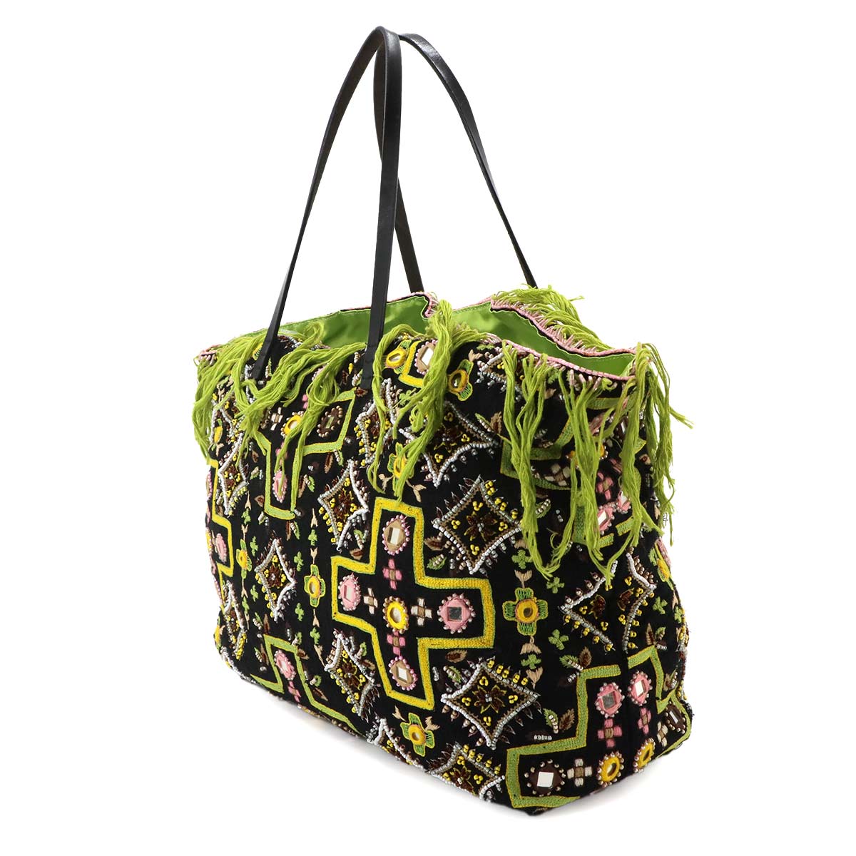 Beads Tote Bag Canvas Leather Multicolor Purse