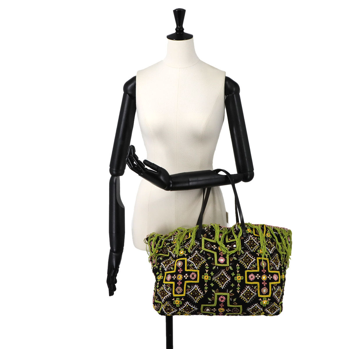 Beads Tote Bag Canvas Leather Multicolor Purse