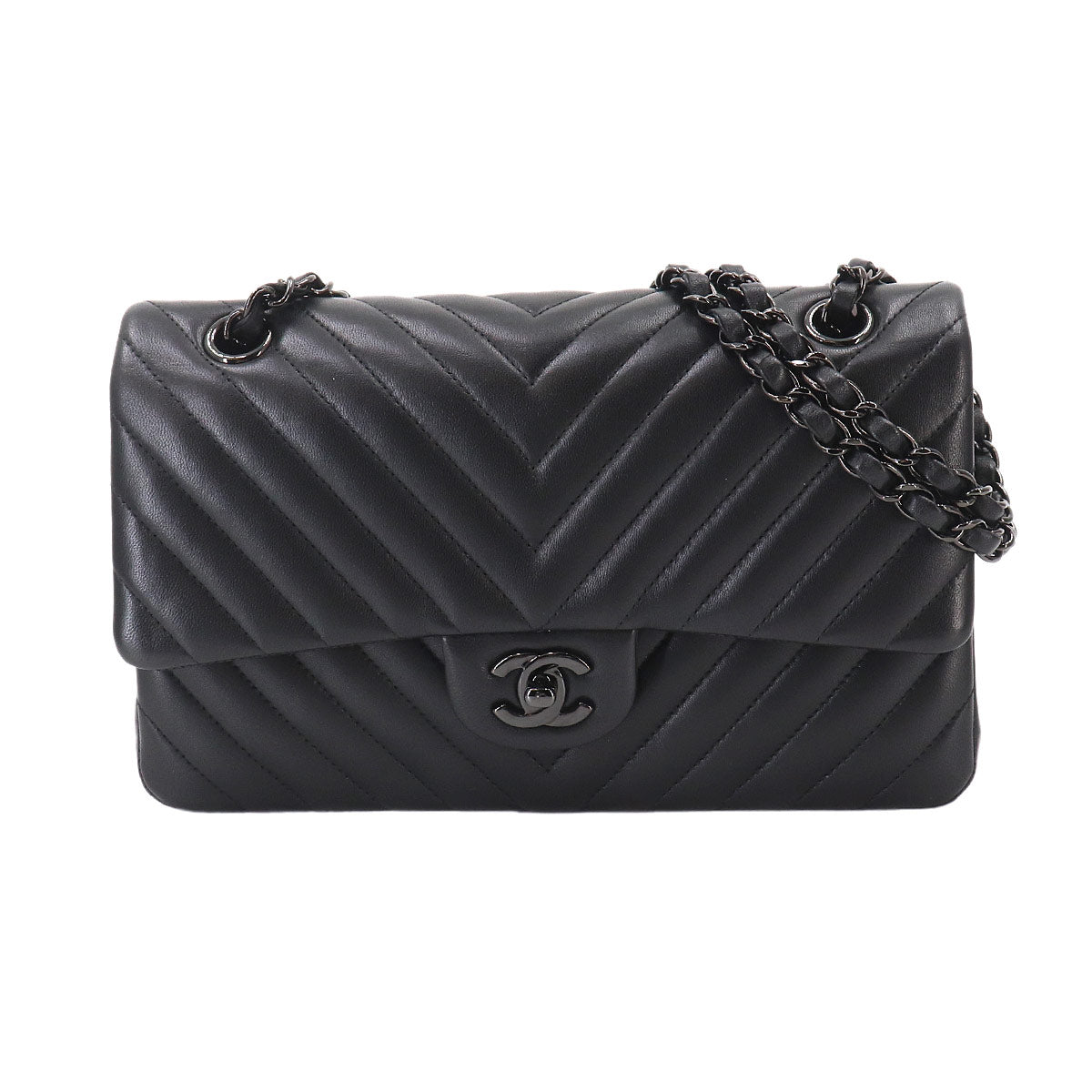 Chevron V Stitch Chain Shoulder Bag Leather Black A01112 Purse