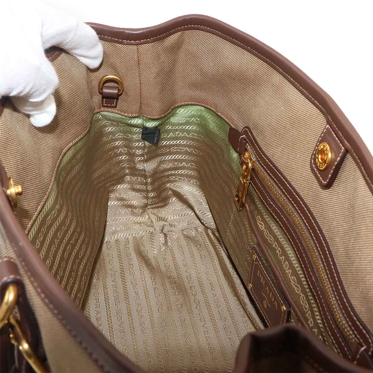 Logo Jacquard Ribbon 2Way Handbag Shoulder Bag Canvas Leather Beige Brown