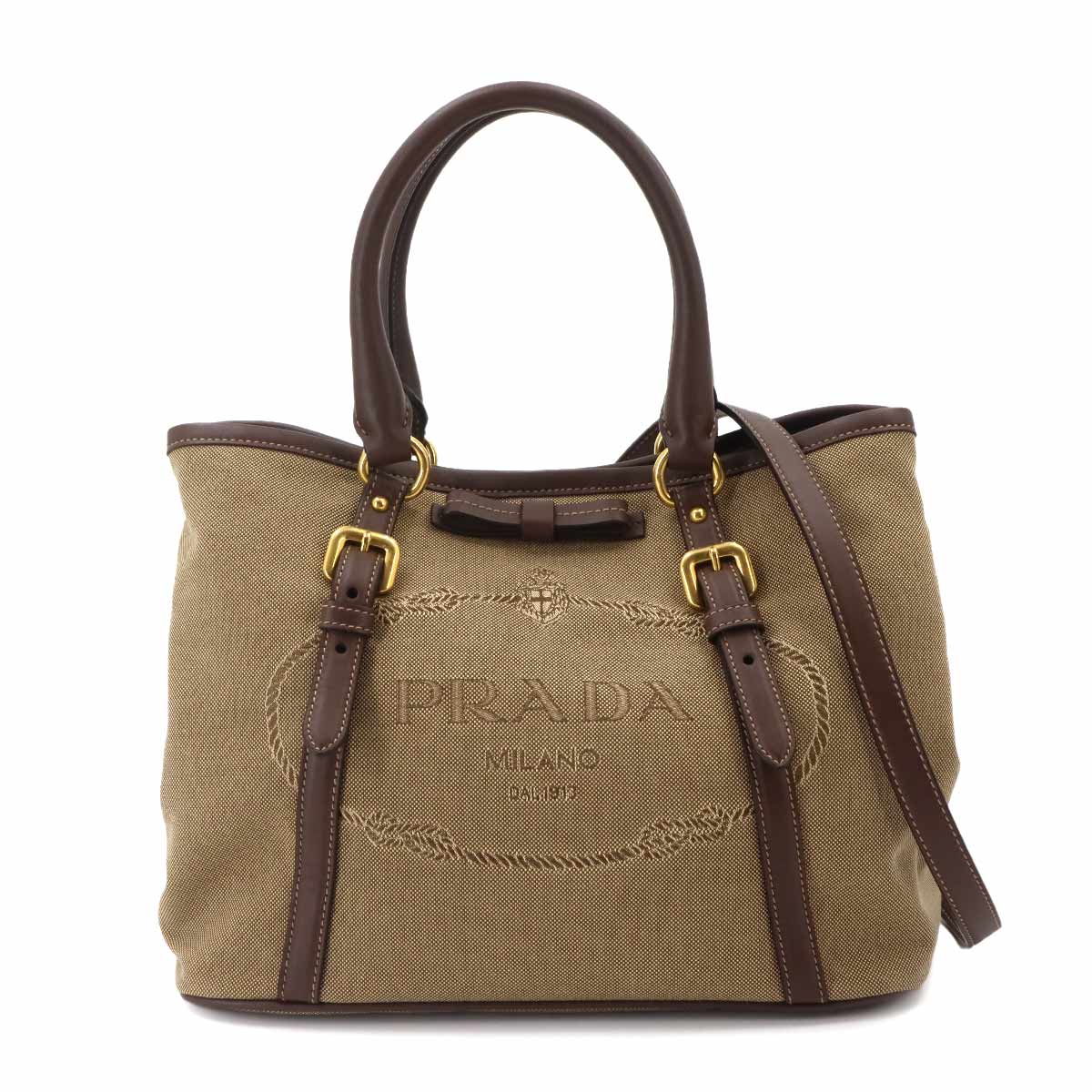 Logo Jacquard Ribbon 2Way Handbag Shoulder Bag Canvas Leather Beige Brown