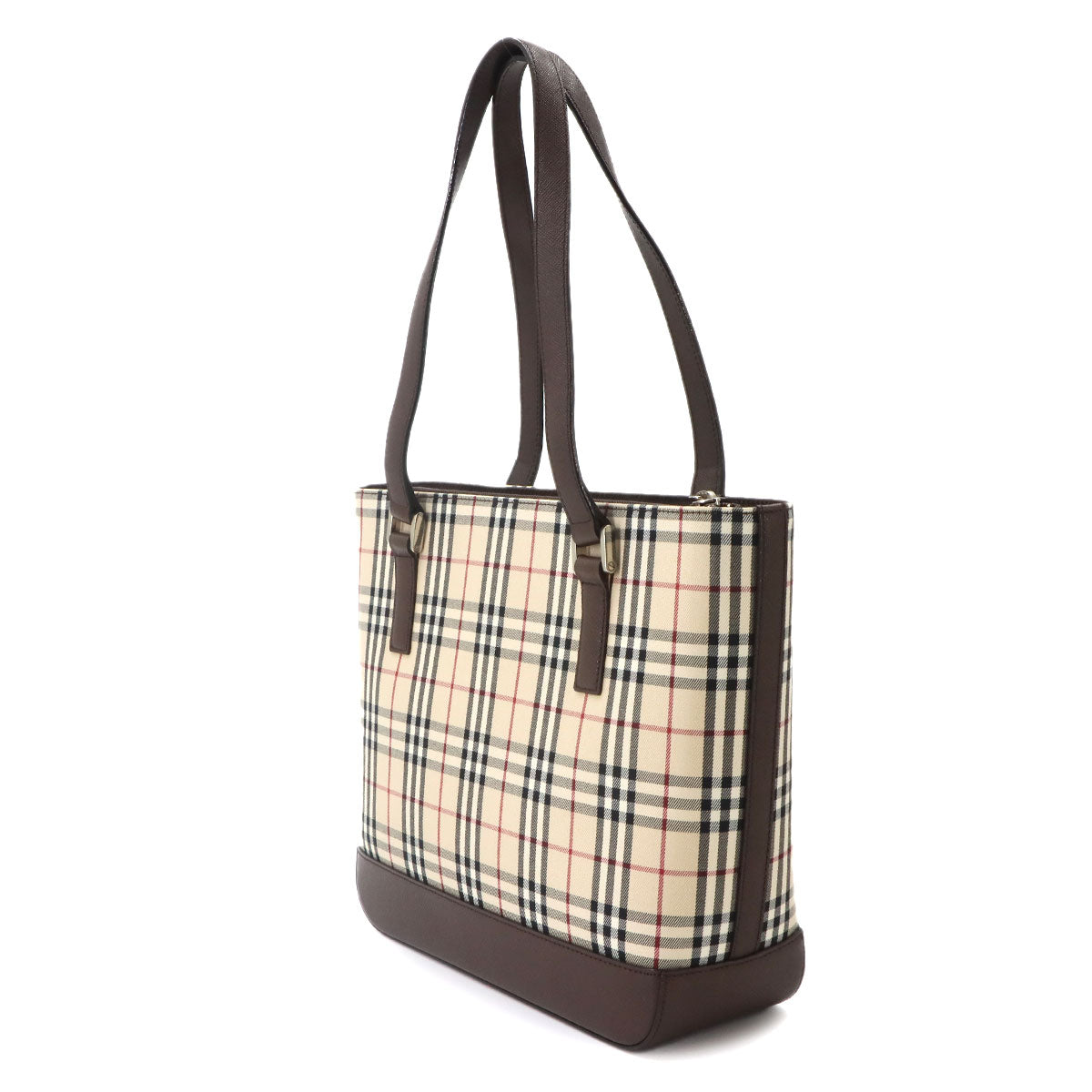 Plaid Tote Bag Canvas Leather Beige Brown