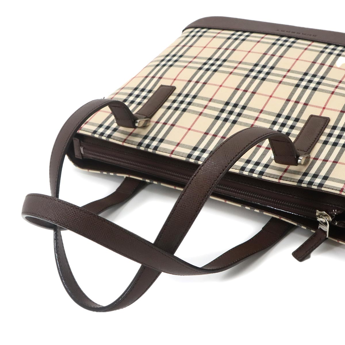 Plaid Tote Bag Canvas Leather Beige Brown