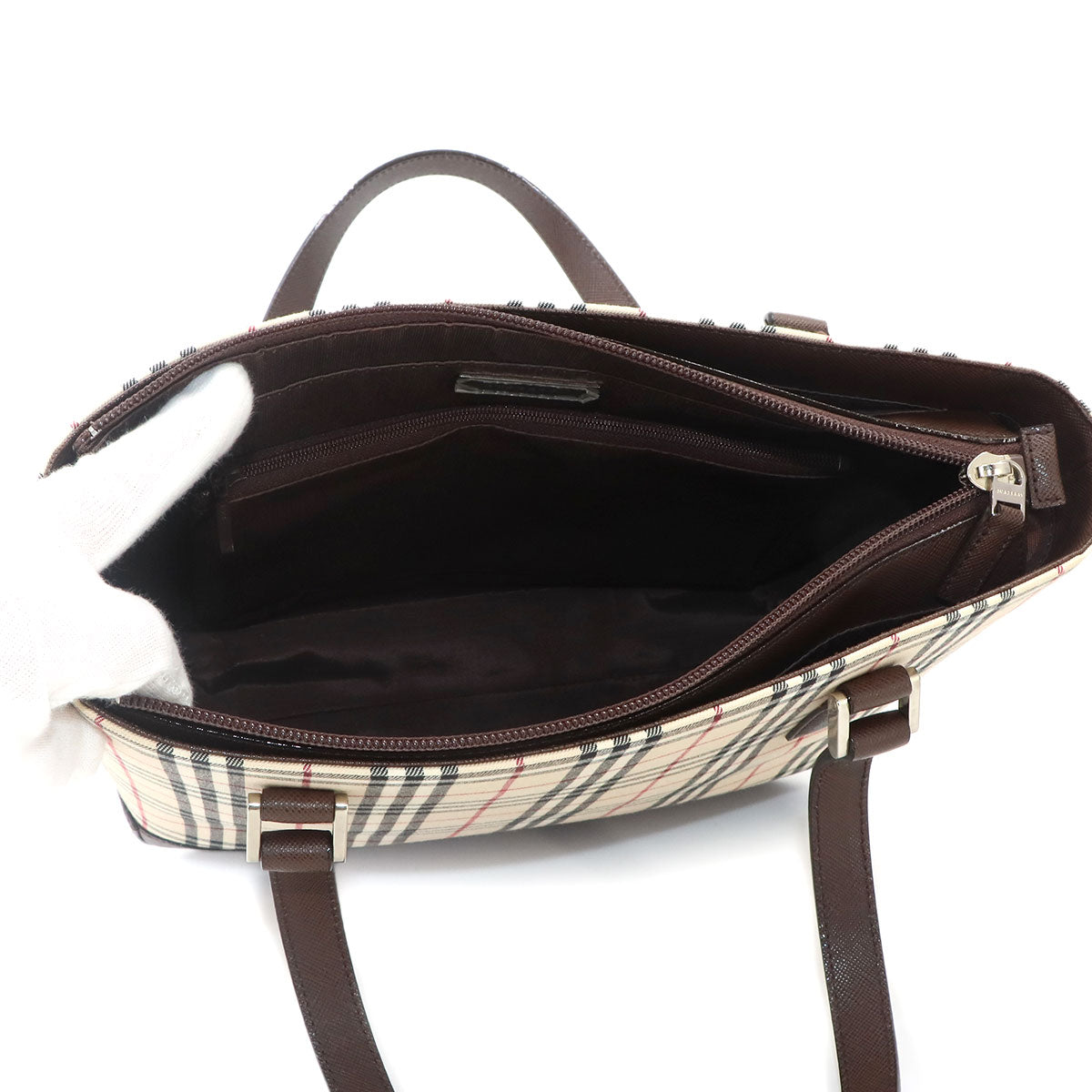 Plaid Tote Bag Canvas Leather Beige Brown