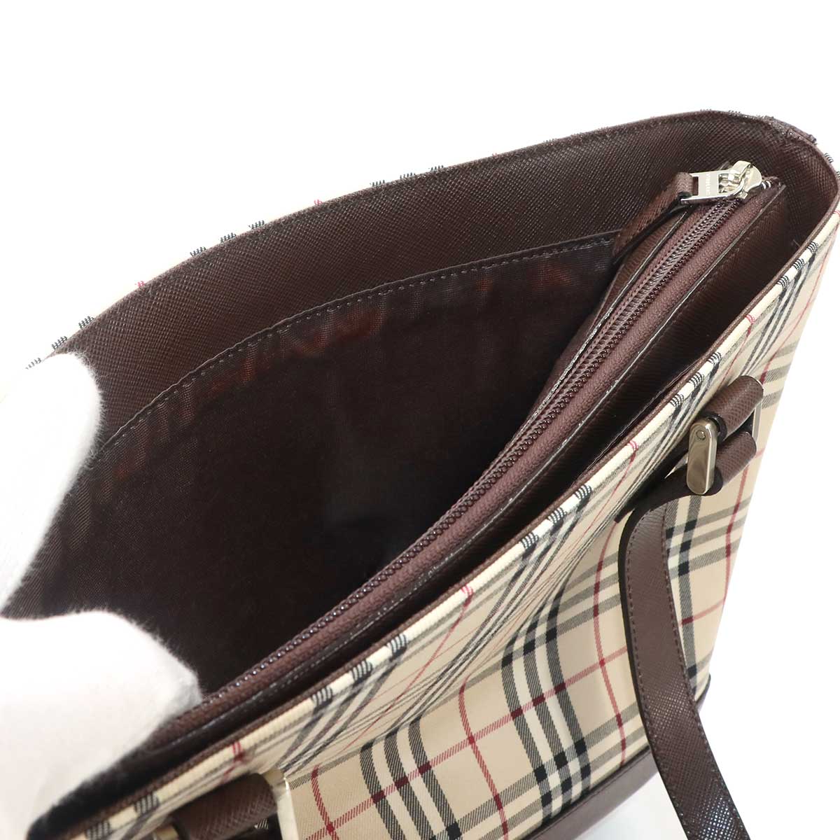 Plaid Tote Bag Canvas Leather Beige Brown