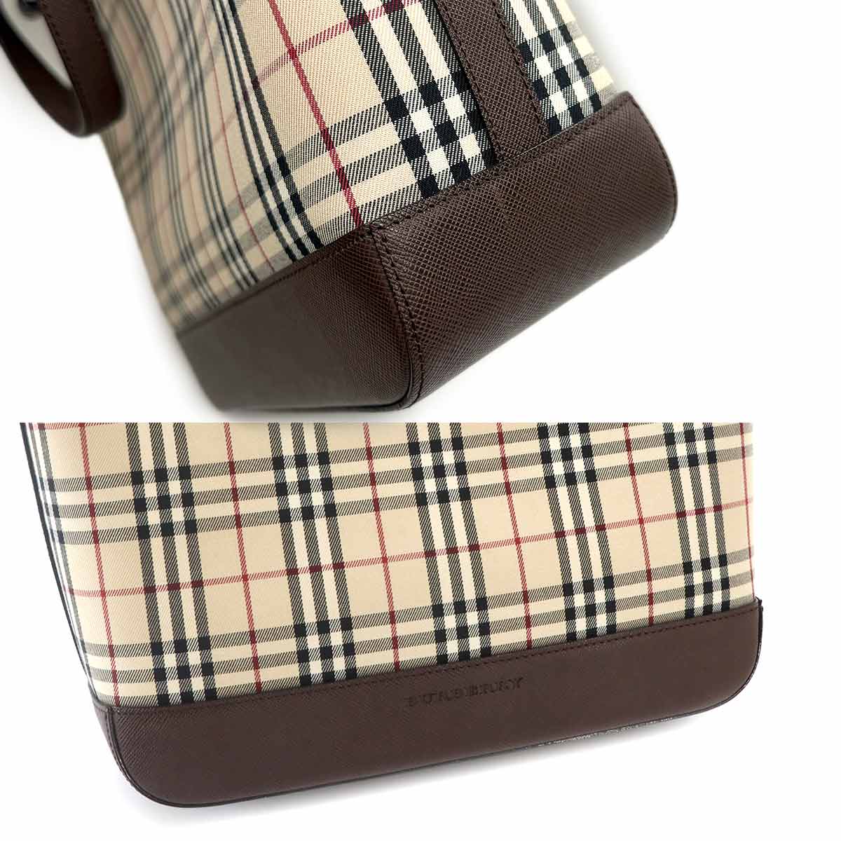 Plaid Tote Bag Canvas Leather Beige Brown