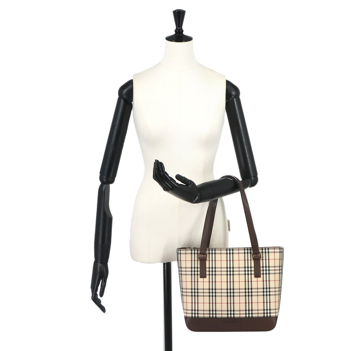Plaid Tote Bag Canvas Leather Beige Brown