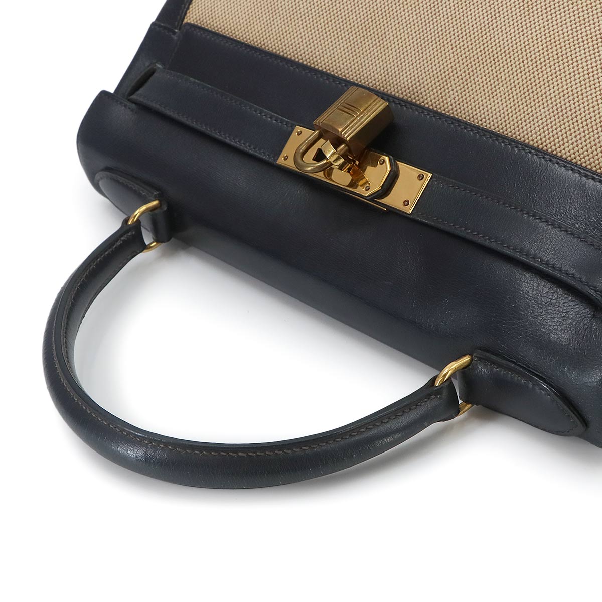 Kelly 28 Hand Bag Toile H Box Calf Beige Navy Purse