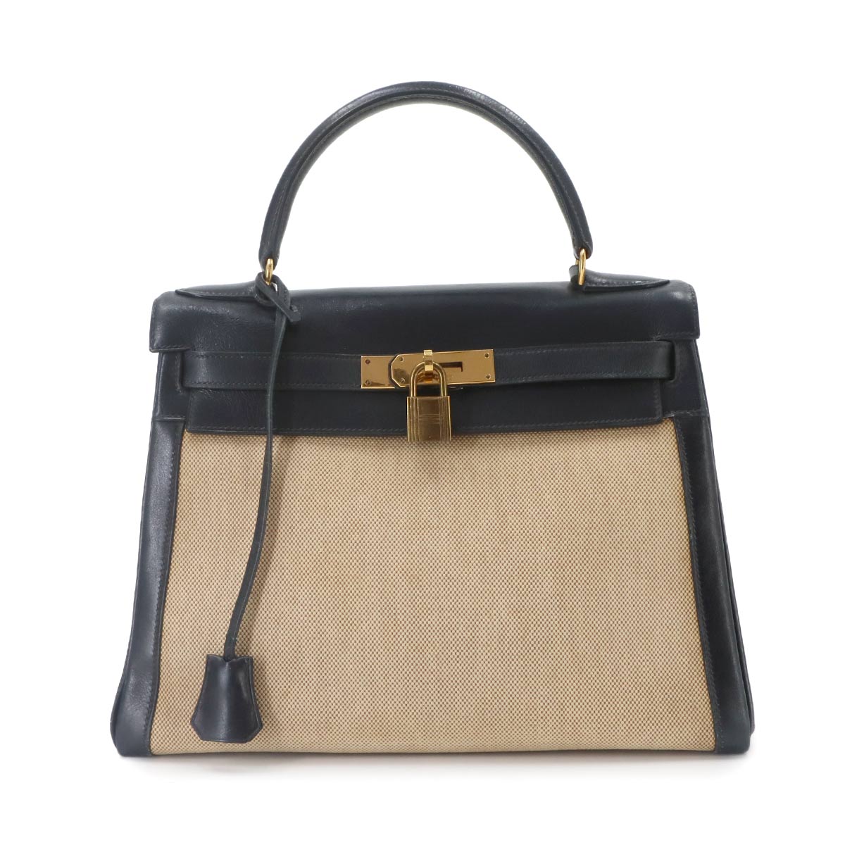 Kelly 28 Hand Bag Toile H Box Calf Beige Navy Purse