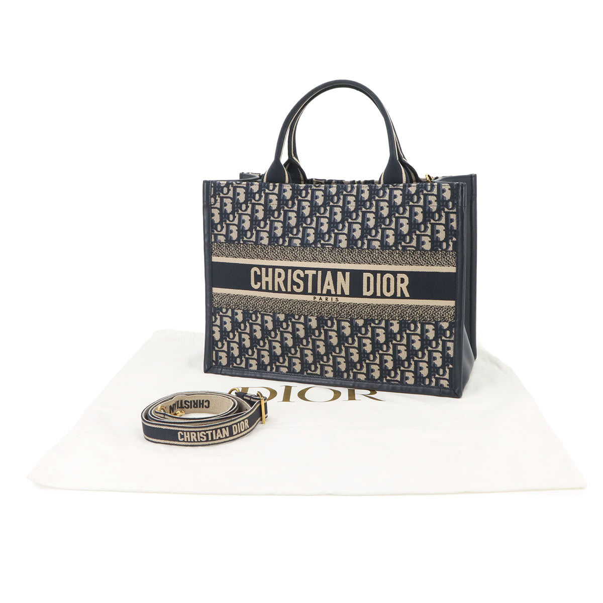 Oblique Book Tote Medium Bag Canvas Leather Navy