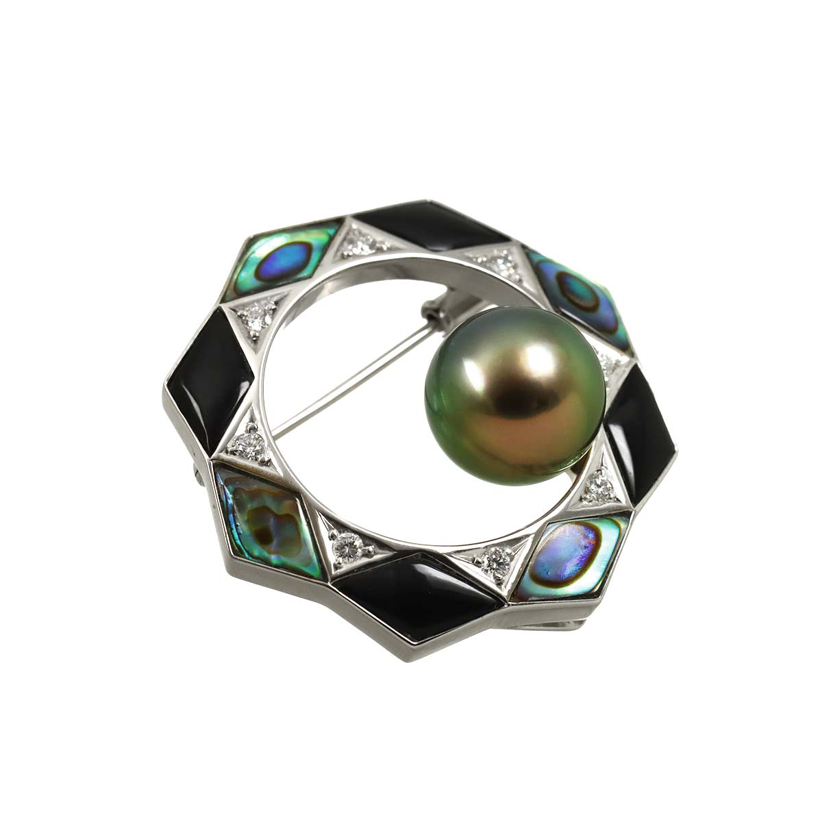 Black Pearl 10.4mm Diamond 0.13ct Brooch 18K WG 750