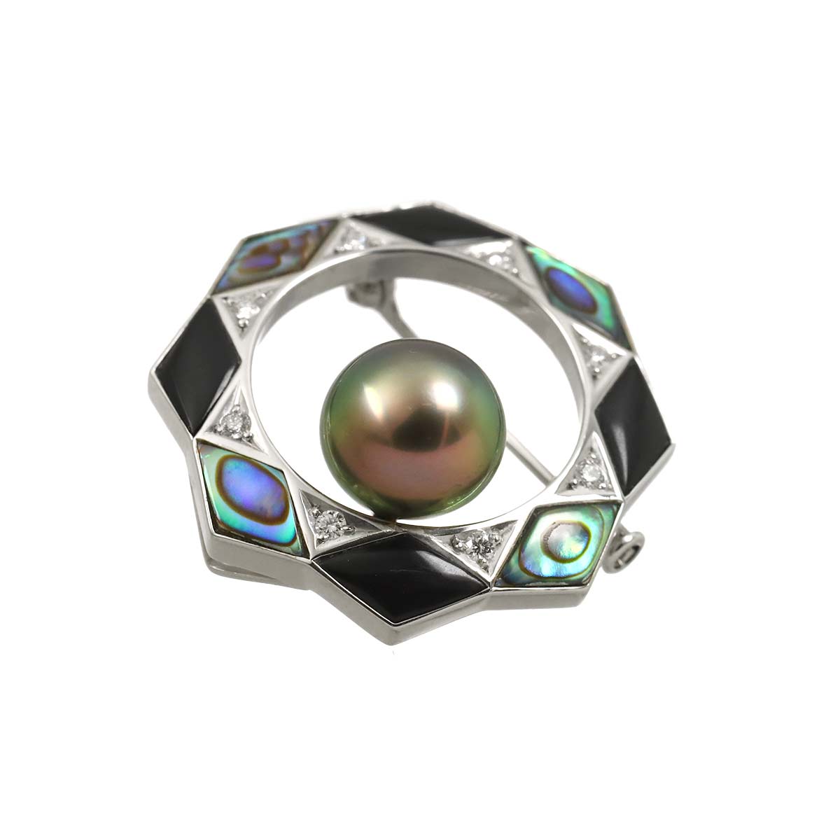 Black Pearl 10.4mm Diamond 0.13ct Brooch 18K WG 750