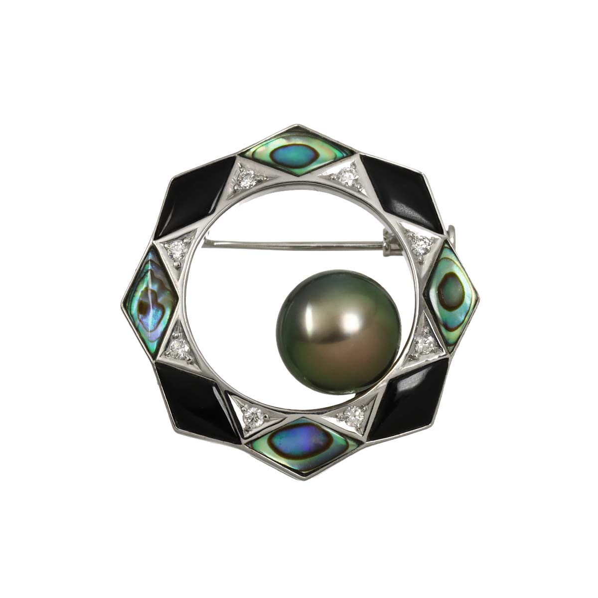 Black Pearl 10.4mm Diamond 0.13ct Brooch 18K WG 750