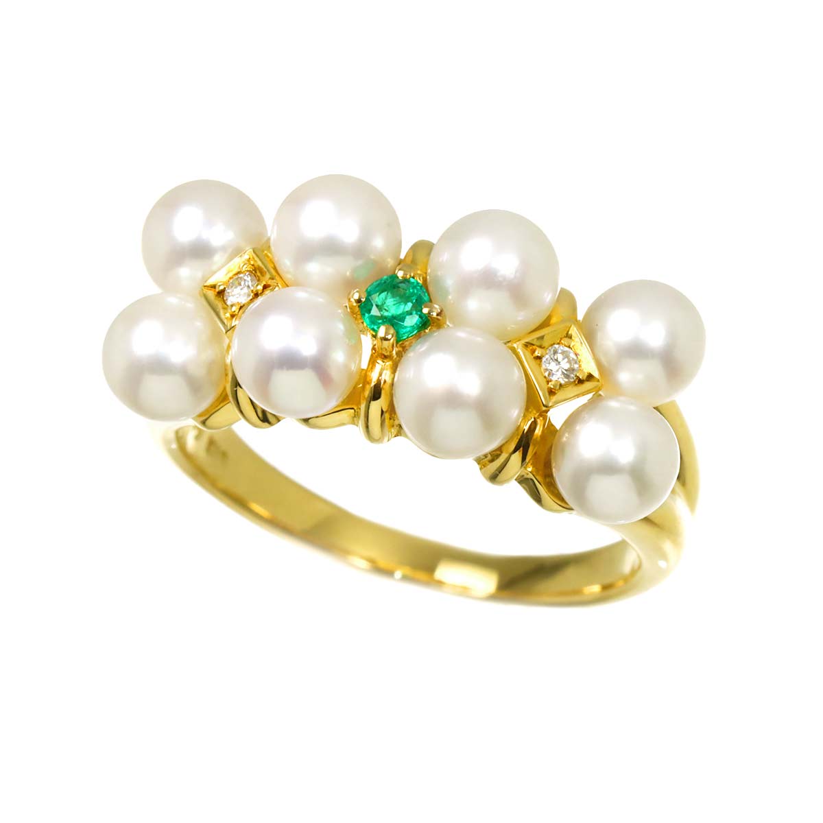 Akoya pearl Diamond 0.02ct Emerald Ring 18K YG size6.5-6.75(US)