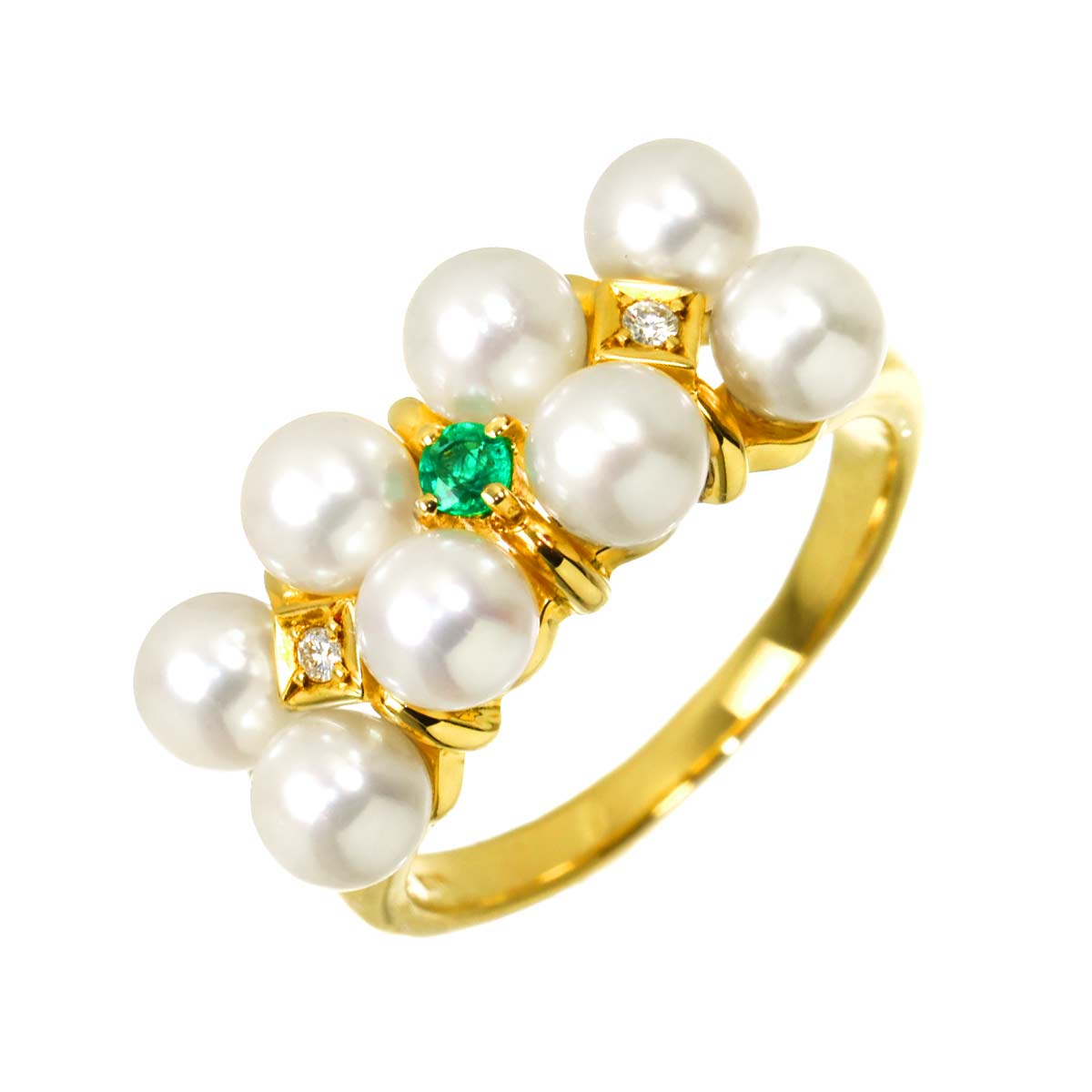 Akoya pearl Diamond 0.02ct Emerald Ring 18K YG size6.5-6.75(US)