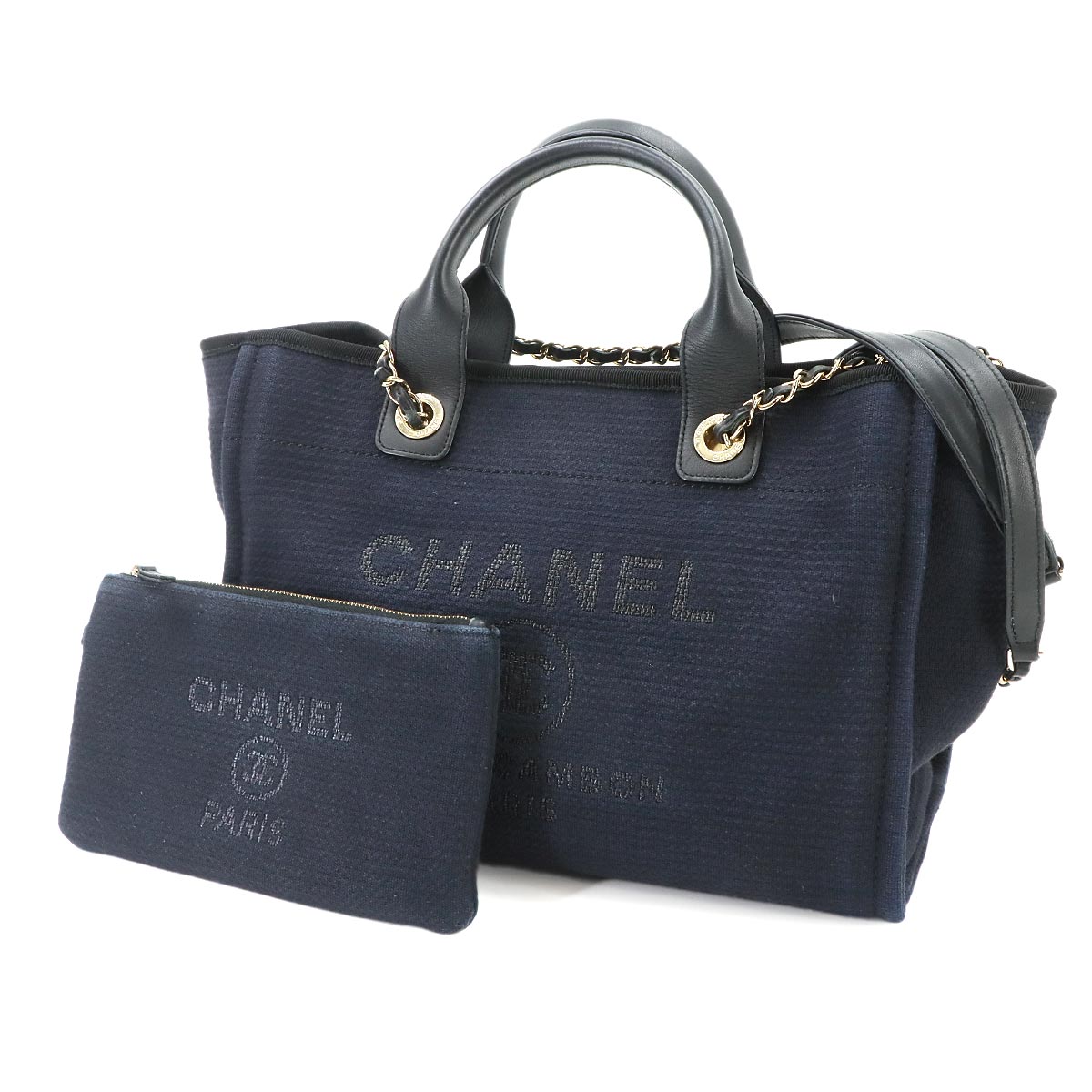 Deauville Small Shopping Tote Chain Shoulder Bag Navy AS3257