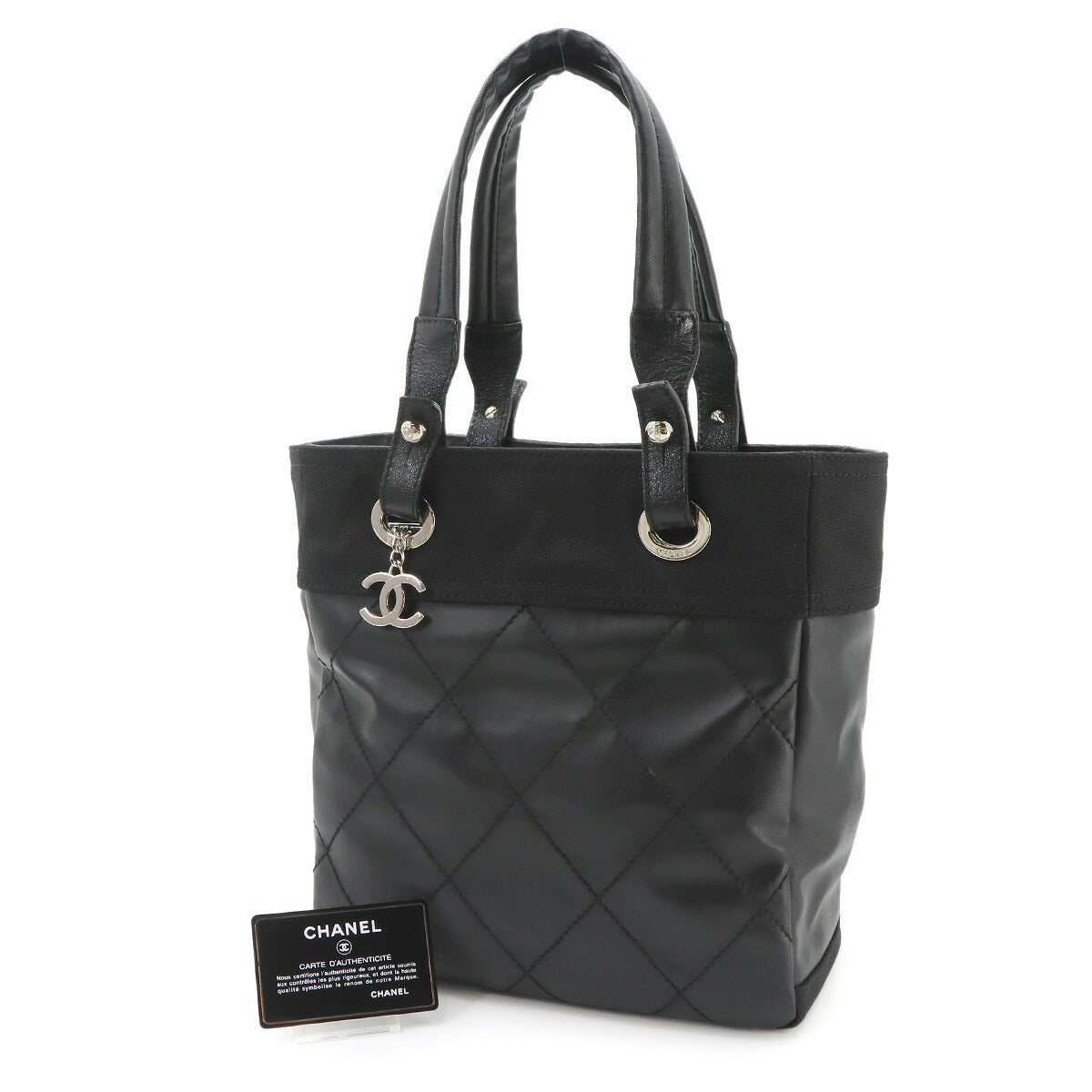 Paris Biarritz PM Tote Bag PVC Nylon Leather Black A34208 Purse