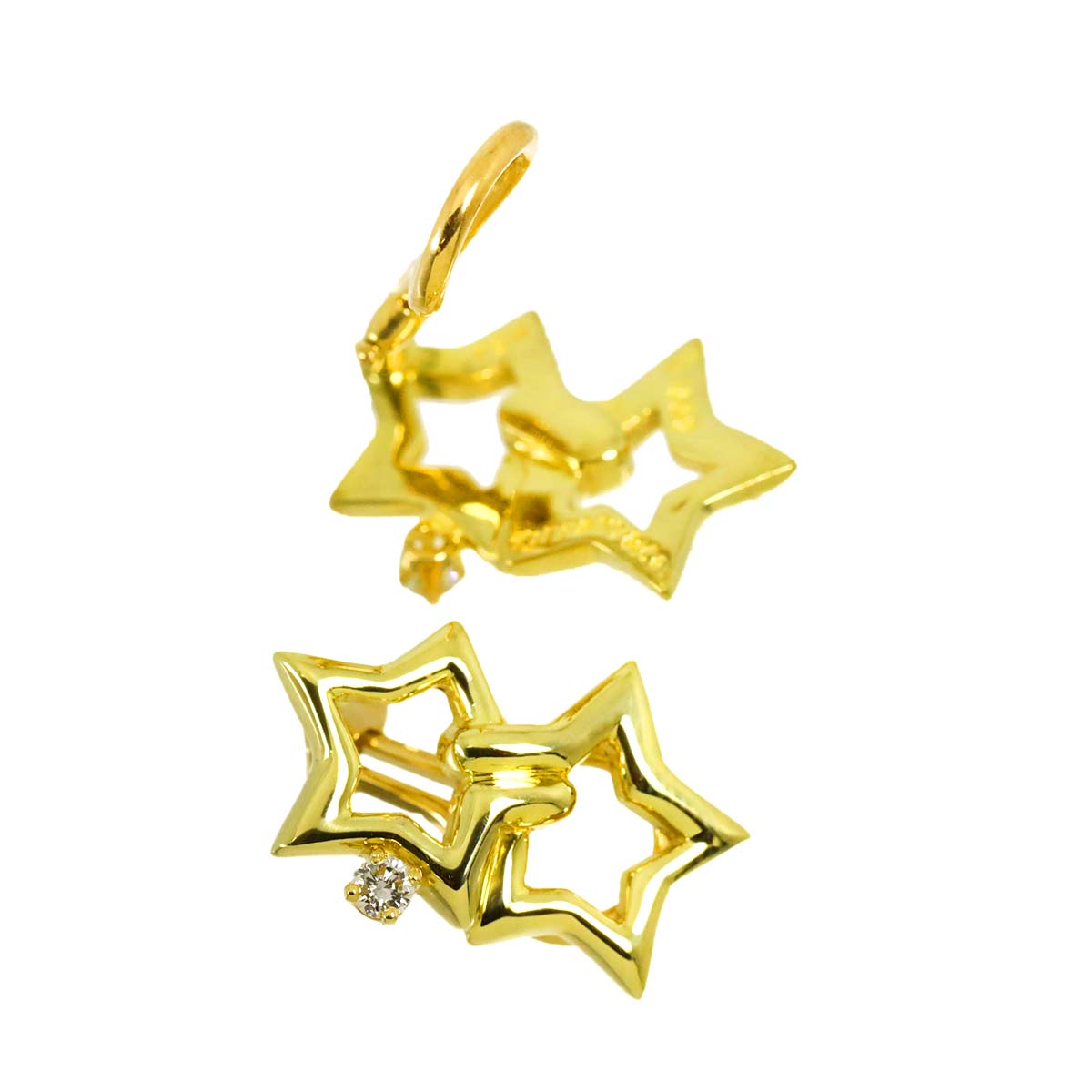 Double Star Diamond Earrings Clip on 18K Yellow Gold 750