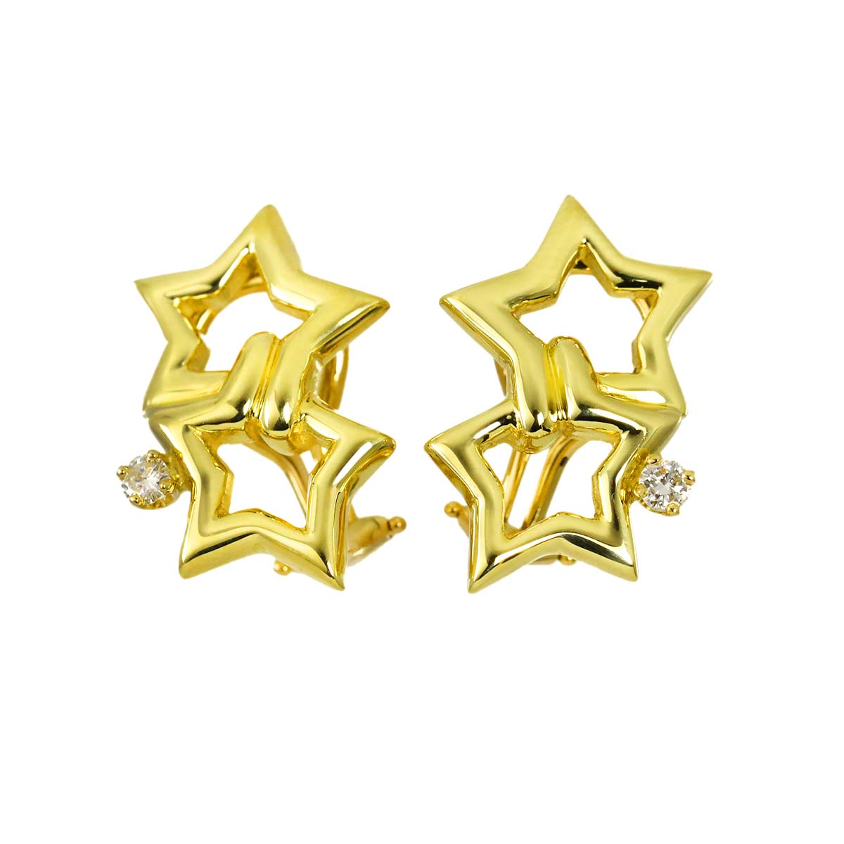 Double Star Diamond Earrings Clip on 18K Yellow Gold 750