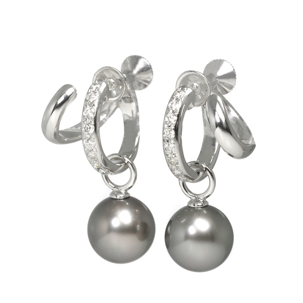 Black Pearl 9.3mm Diamond Earrings 18K WG 750