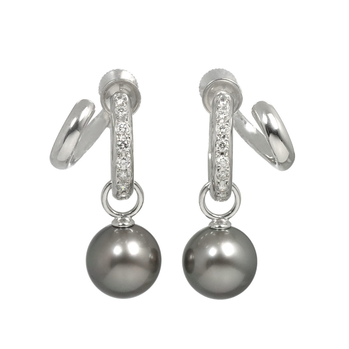 Black Pearl 9.3mm Diamond Earrings 18K WG 750