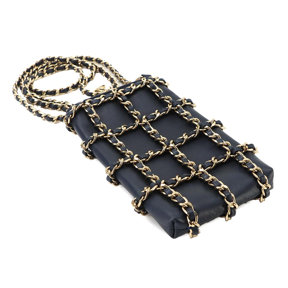 Tech Me Out Chain Phone Holder Shoulder Bag Leather Navy AP1161