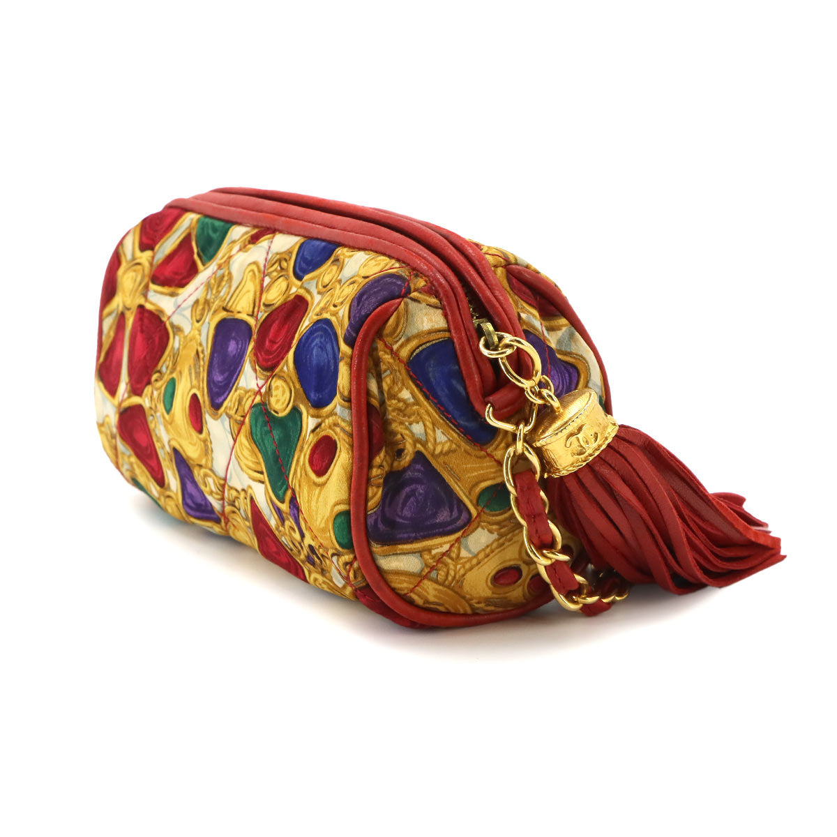Fringe Chain Shoulder Bag Satin Leather Red Multicolor Vintage