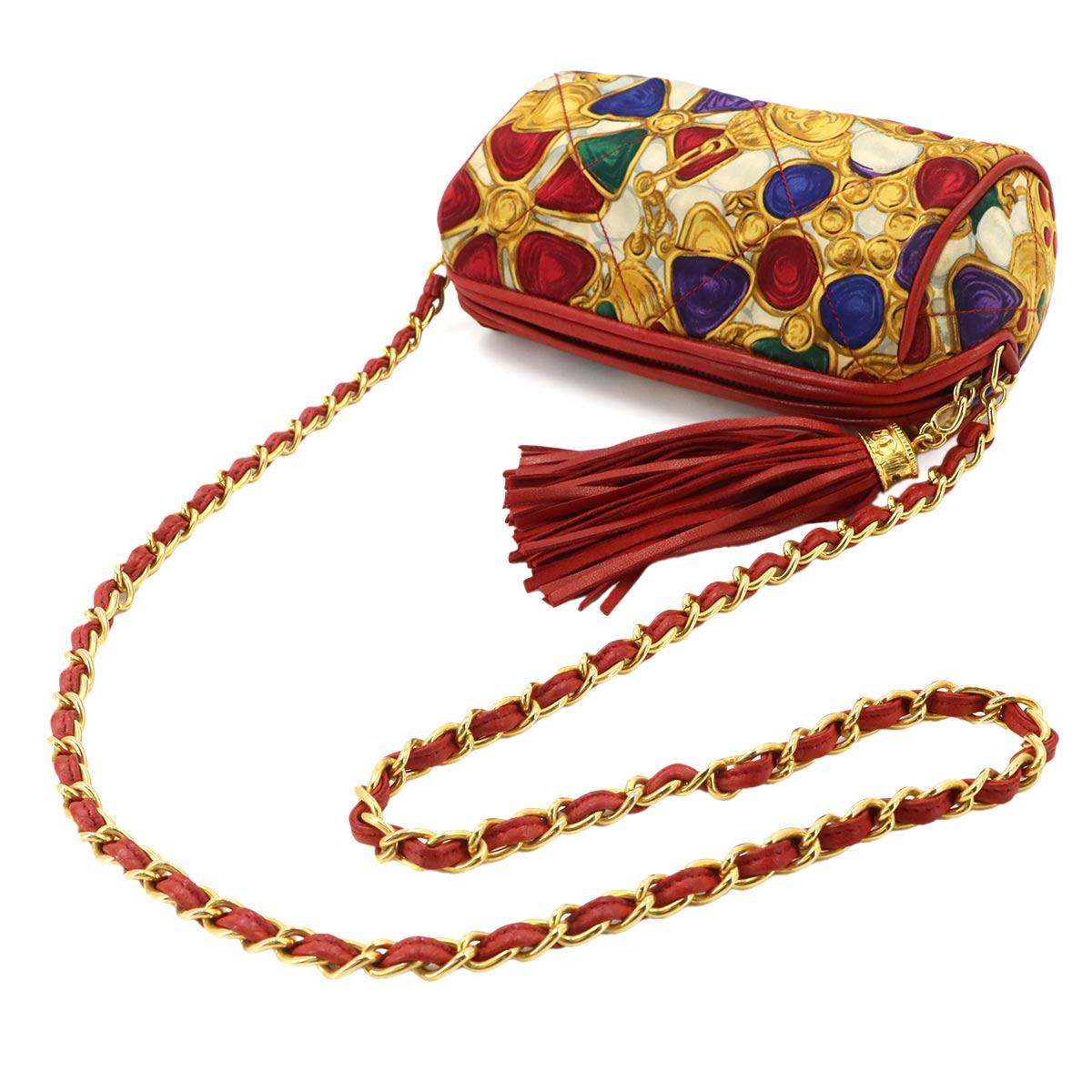 Fringe Chain Shoulder Bag Satin Leather Red Multicolor Vintage
