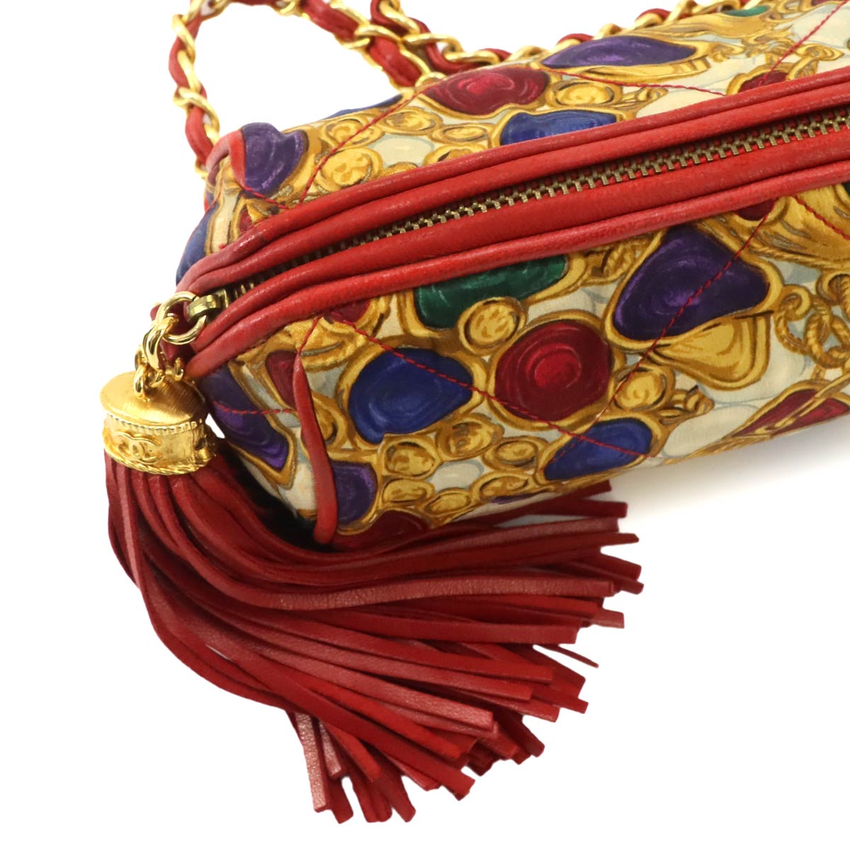 Fringe Chain Shoulder Bag Satin Leather Red Multicolor Vintage