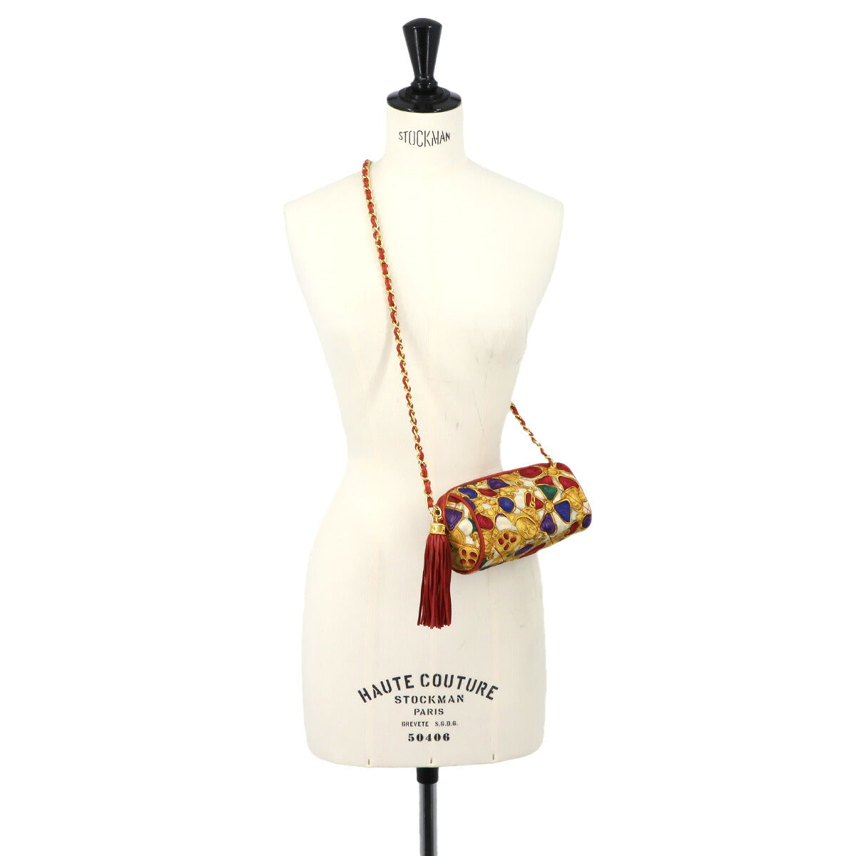 Fringe Chain Shoulder Bag Satin Leather Red Multicolor Vintage