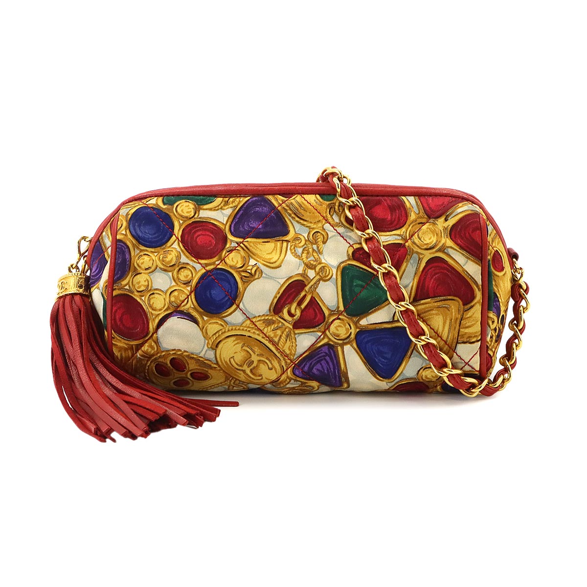 Fringe Chain Shoulder Bag Satin Leather Red Multicolor Vintage