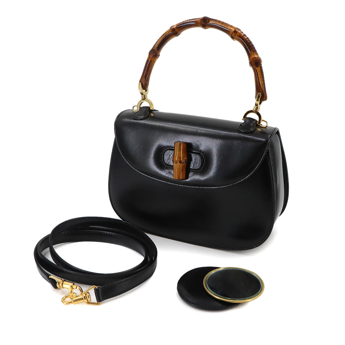 Bamboo 2way Hand Shoulder Bag Leather Black Purse