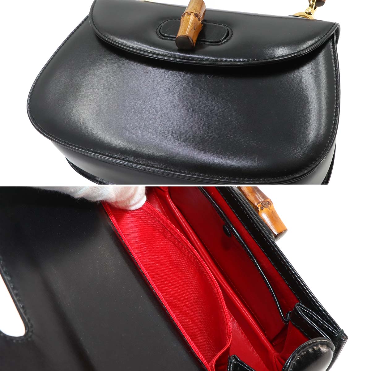 Bamboo 2way Hand Shoulder Bag Leather Black Purse