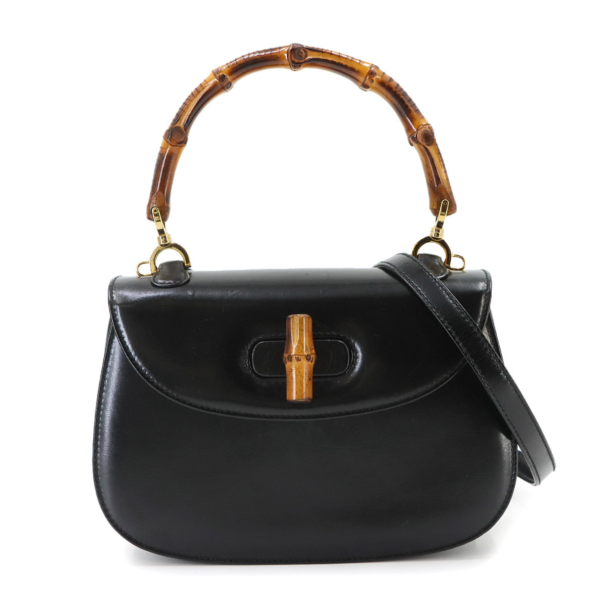 Bamboo 2way Hand Shoulder Bag Leather Black Purse