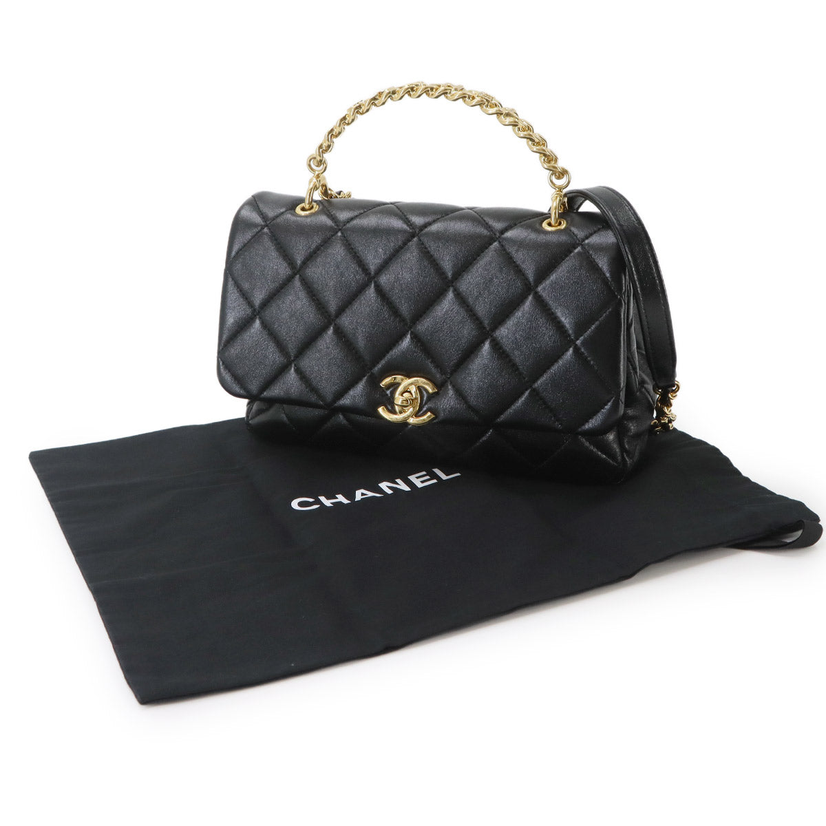 Matelasse Hand Shoulder Bag Leather Black Purse